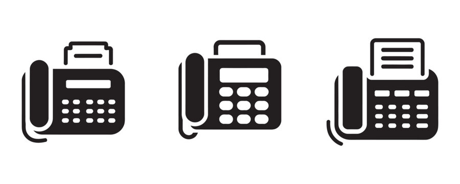 Three distinct black and white fax machine icons representing communication and outdated office technology concepts