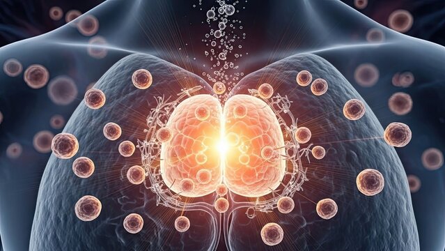 Illustration of the thymus gland and immune cells in the body.