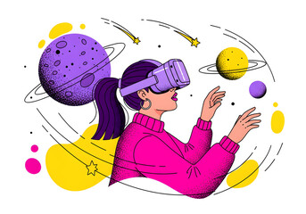 Pop art illustration of a woman wearing VR headset interacting with virtual space and planets