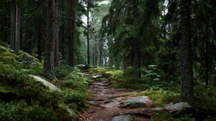 Fototapeta premium A forest path with trees and rocks. The path is wet and muddy
