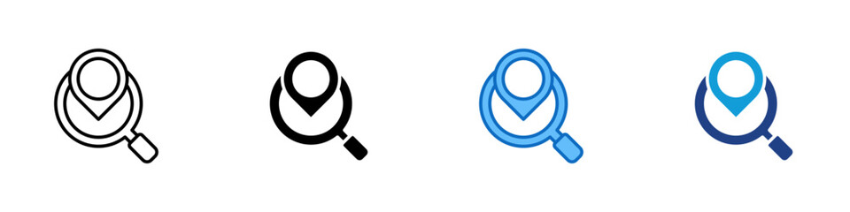 Location Search Multiple Style Icon Design Vector - circular map marker inside magnifying glass representing location searching, tracking, and discovery