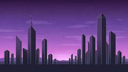 Minimalist Sci-Fi City Skyline Silhouette at Twilight with Gradient Purple Sky and Stars