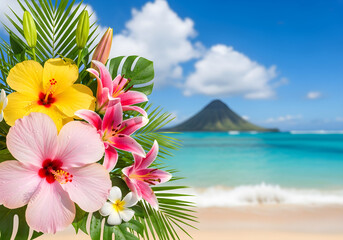 Tropical flower bouquet with hibiscus and lilies on a sandy beach background with blue ocean and island