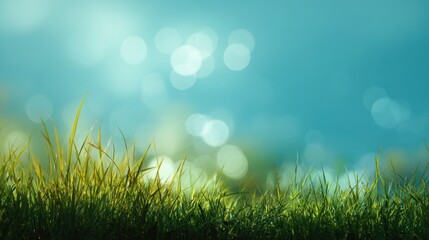 Obraz premium A field of grass with a blue sky in the background. The grass is wet and the sky is clear