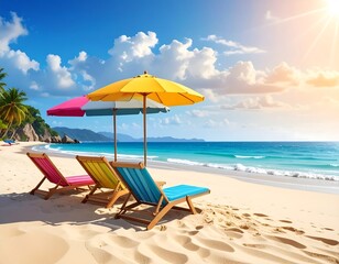 Sunny beach scene with colorful umbrellas and lounge chairs