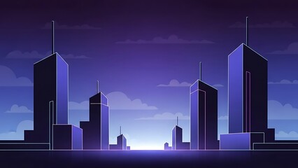 Retro-futuristic Cityscape at Twilight with Purple Glow. Modern Urban Skyline with Neon Outlines. Digital Vector Art.