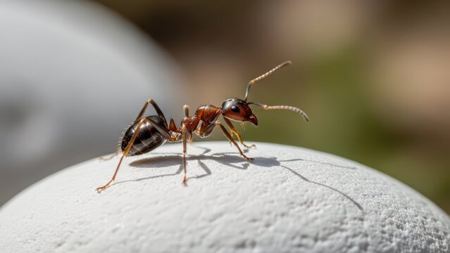 A detailed macro shot of a red and black ant standing on a textured white stone in the sunlight.