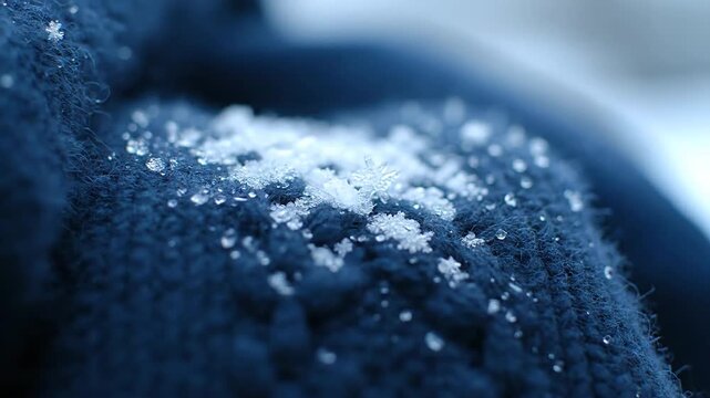 Snowflakes resting on a blue knitted surface in soft focus.