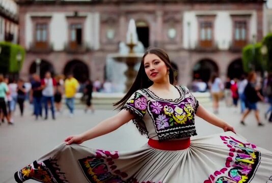 A young woman spins in a folkloric dance in a colonial plaza with a fountain and pink stone arcades, shallow depth of field and motion blur emphasize movement.