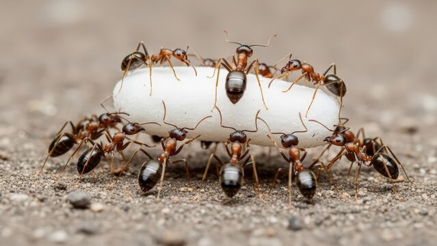 A team of ants cooperatively carrying a large white food pellet across the ground.