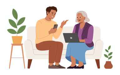An illustration depicting a joyful interaction between a young man and an elderly woman seated on a couch, highlighting the warmth of family connections and technology.