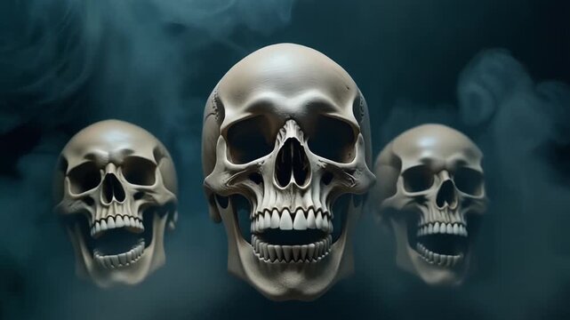 A dark, gothic scene with three laughing human skulls arranged against a deep, shadowy background. Ai