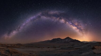 Milky Way Arch Over Desert Mountains at Night.