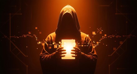 Mysterious hacker figure holding glowing tablet with digital data stream in dark orange light - cybersecurity threat concept and technology vulnerability theme
