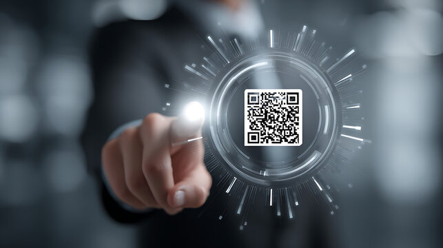Scanning Innovation: A modern QR code is highlighted by a person with a sense of future innovation. Touching this code shows how technology can connect us. - Powered by Adobe
