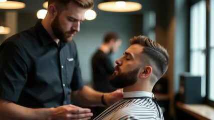 Video A man sitting in a barber shop chair having his hair cut by a professional stylist