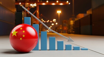 Stunning concept visualizing declining Chinese export economy symbolized by flag sphere and downward trend chart at night port