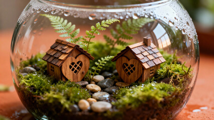 Fototapeta premium Miniature wooden houses nestled in terrarium with green moss and stones 