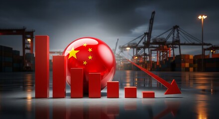 Stunning visual representing severe economic decline and trade recession impacting China's global market performance