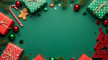Festive Christmas Holiday Frame with Gifts & Fir Branches on Green Background. Top View Celebration Decorations Flat Lay.