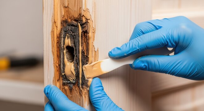 Hands applying epoxy wood filler into gaps of rotted door jamb plate demonstrating DIY door repair technique.