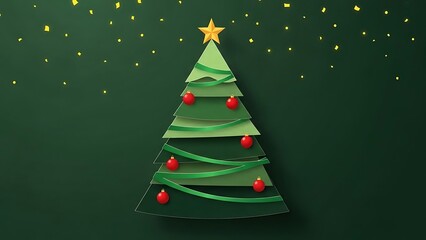 Festive Paper Cut Christmas Tree Design with Star and Ornaments on Green Background