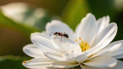 A small black ant rests on the delicate white petals of a blooming flower with a vibrant yellow center, bathed in soft natural light.