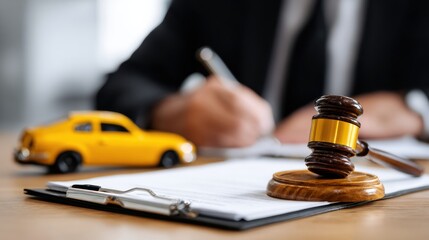 Liability Insurance Lawyer Discusses Car Accident Case Details With Client at Office With Model Car and Gavel on Desk
