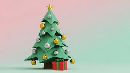 Stylized 3D Christmas Tree with Ornaments and Gift on Pastel Gradient Background