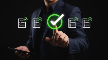 Businessman displaying digital checklist with glowing green check mark representing task completion and approval process