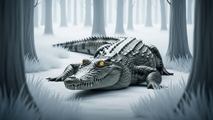 A large grey alligator with glowing yellow eyes lies in a surreal, snow-covered white forest.