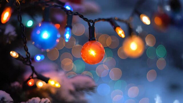 Festive string lights glowing with colorful bokeh in winter scene