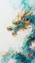 A dragon pattern is formed by tiny, shimmering particles in a gradient of cyan, white, and gold.
