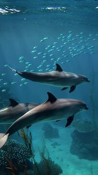 Graceful dolphins glide through a vast blue-turquoise ocean, moving dynamically in crystal-clear water as sunlight filters down, creating a serene and energetic underwater scene