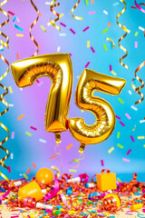 Birthday balloon number seventy five, golden letter figure 75 celebration background AI Generative