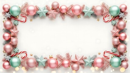 Elegant Pastel Christmas Frame with Pink and Mint Baubles, Stars, and Candy Canes on White
