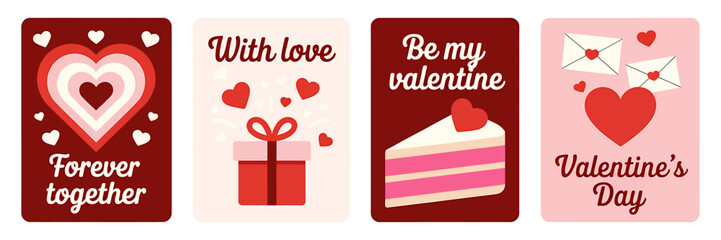 Collection of romantic Valentines Day card templates with heart shapes gifts and messages expressing love and affection in red and pink colors