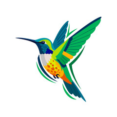 Colorful Hummingbird Illustration with Vibrant Feather Details in Flight, Modern Icon Design