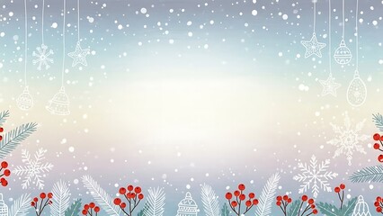 Soft Winter Holiday Background with Falling Snow, Pine Branches, Red Berries, and Snowflakes, Copy Space