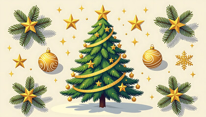 A christmas tree decorated with gold stars and ornaments surrounded by festive elements