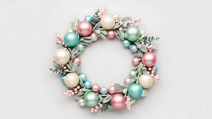 Beautiful Pastel Holiday Wreath with Delicate Ornaments and Greenery on White Background