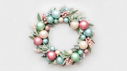 Soft pastel holiday wreath with decorative ornaments and winter foliage on a minimalist background