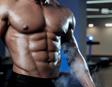 Sculpted Physique: A close-up view of a muscular body, showcasing the defined contours and toned abs, radiating strength and peak physical condition.