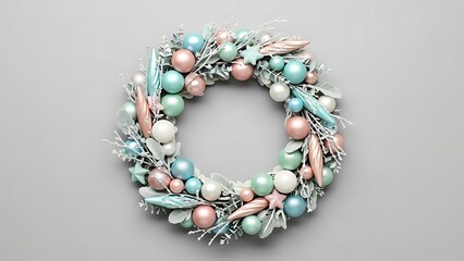 Pastel Christmas Wreath with Frosted Ornaments on Grey Background for Holiday Decor