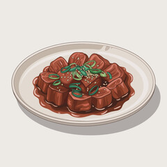 A beautifully plated dish of tender meat garnished with green onions, showcasing culinary artistry. It highlights the flavors and presentation essential in haute cuisine.