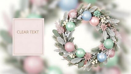 Soft Pastel Christmas Wreath with Frosted Ornaments & Greenery on White. Elegant Holiday Background with Copy Space.