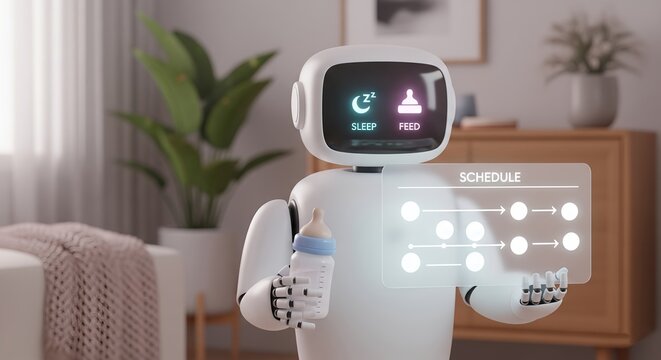 Baby care robot automation feeding schedule sleep aid futuristic technology artificial intelligence parenting - Powered by Adobe