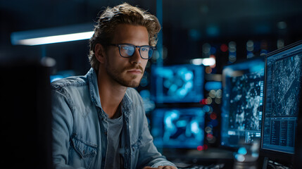 Male programmer analyzing data in a dark server room