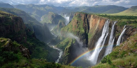 Panoramic view of Tugela Falls, the second-highest waterfall in the world, cascading down the Drakensberg Mountains in South Africa, with a vibrant rainbow at its base.