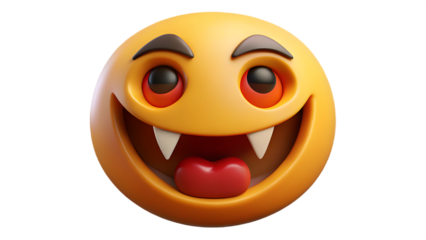 A yellow emoji face with red eyes and vampire teeth on a black isolated background